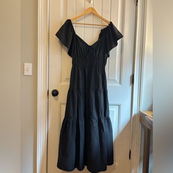 Entro Black Off-Shoulder Poplin Maxi Sundress Tiered with pockets - Picture 1 of 11